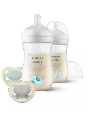 AVENT SCD837/11 2 "Responsive Natural" 260 ml dekoruotų buteliukų rinkinys + "Ultra Air 0-6m" čiulptukas