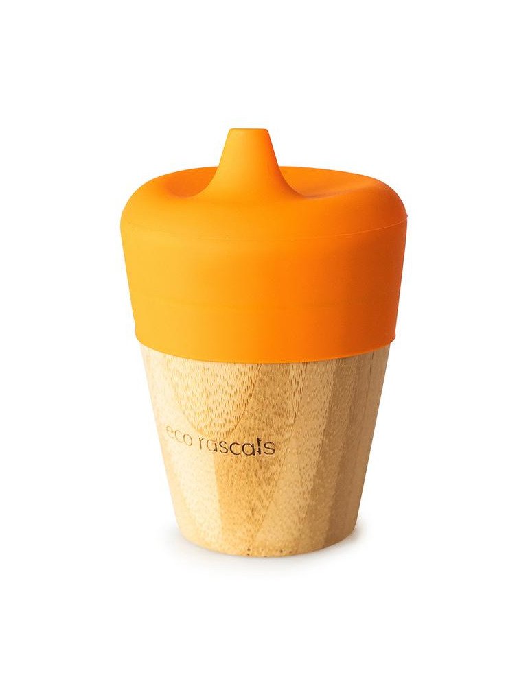 ECORASCALS 190 ml bambuko puodelis su silikoniniu dangteliu, oranžinės spalvos